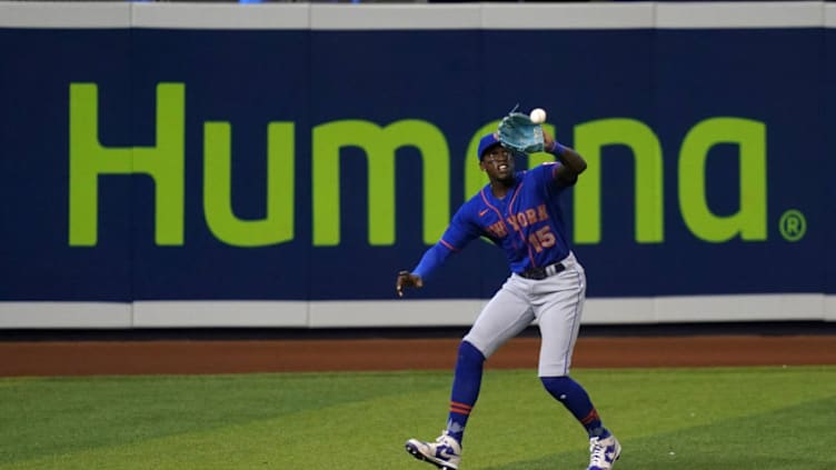 May 23, 2021; Miami, Florida, USA; New York Mets left fielder Cameron Maybin (15) catches the fly ball hit by Miami Marlins first baseman Jesus Aguilar (24, not pictured) in the 1st inning at loanDepot park. Mandatory Credit: Jasen Vinlove-USA TODAY Sports