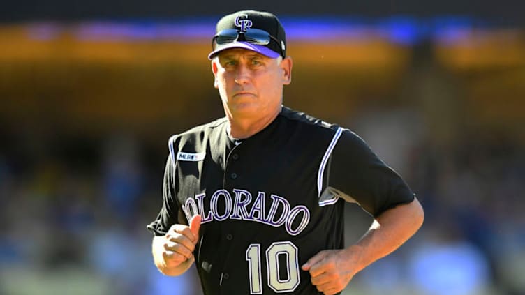 LOS ANGELES, CA - SEPTEMBER 22: Manager Bud Black #10 of the Colorado Rockies leaves the field after a pitching change against the Los Angeles Dodgers at Dodger Stadium on September 22, 2019 in Los Angeles, California. The Dodgers won 7-4. (Photo by John McCoy/Getty Images)