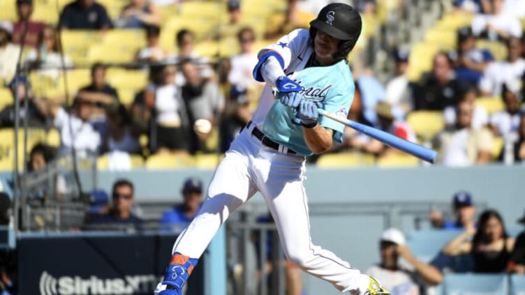 LOS ANGELES, CALIFORNIA - JULY 16: Zac Veen #9 of the National League hits a base hit in the third inning during the SiriusXM All-Star Futures Game at Dodger Stadium on July 16, 2022 in Los Angeles, California. (Photo by Kevork Djansezian/Getty Images)