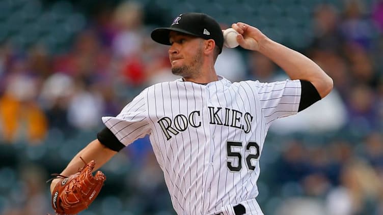 DENVER, CO - SEPTEMBER 17: Chris Rusin #52 of the Colorado Rockies pitches during a regular season MLB game between the Colorado Rockies and the visiting San Diego Padres at Coors Field on September 17, 2017 in Denver, Colorado. (Photo by Russell Lansford/Getty Images)