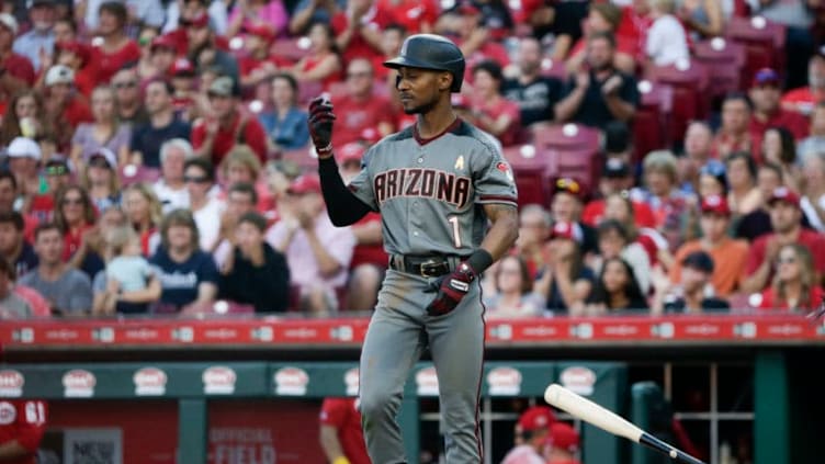 CINCINNATI, OHIO - SEPTEMBER 07: Jarrod Dyson #1 of the Arizona Diamondbacks tosses his bat after striking out with the bases loaded during the ninth inning against the Cincinnati Reds at Great American Ball Park on September 07, 2019 in Cincinnati, Ohio. (Photo by Silas Walker/Getty Images)