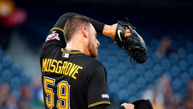 PITTSBURGH, PA - AUGUST 21: Joe Musgrove #59 of the Pittsburgh Pirates reacts while giving up 6 runs on 3 hits in the third inning against the Washington Nationals at PNC Park on August 21, 2019 in Pittsburgh, Pennsylvania. (Photo by Justin K. Aller/Getty Images)