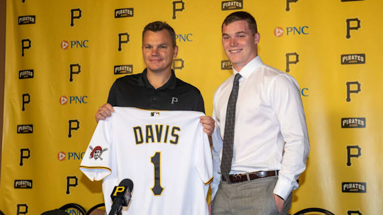 PITTSBURGH, PA - JULY 18: Catcher Henry Davis (R), who was selected first overall in the 2021 MLB draft by the Pittsburgh Pirates, poses with General Manager Ben Cherington after signing a contract with the Pirates during a press conference at PNC Park on July 18, 2021 in Pittsburgh, Pennsylvania. (Photo by Justin Berl/Getty Images)