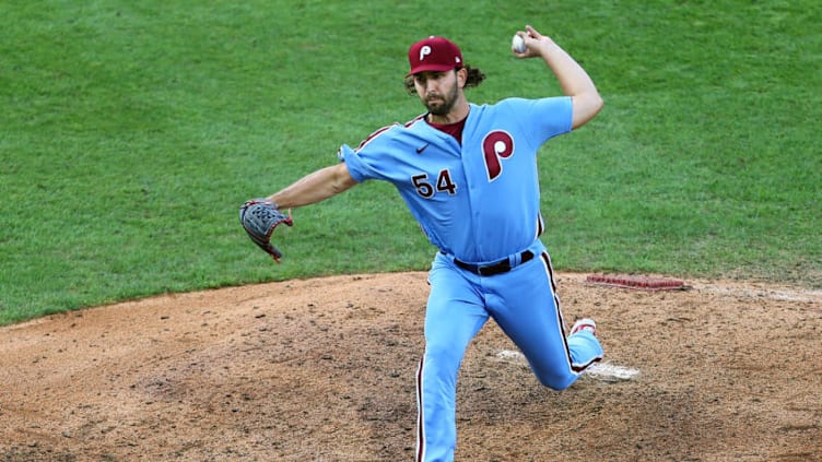 PHILADELPHIA, PA - AUGUST 09: Austin Davis #54 of the Philadelphia Phillies in action against the Atlanta Braves in game two of a double header at Citizens Bank Park on August 9, 2020 in Philadelphia, Pennsylvania. (Photo by Rich Schultz/Getty Images)