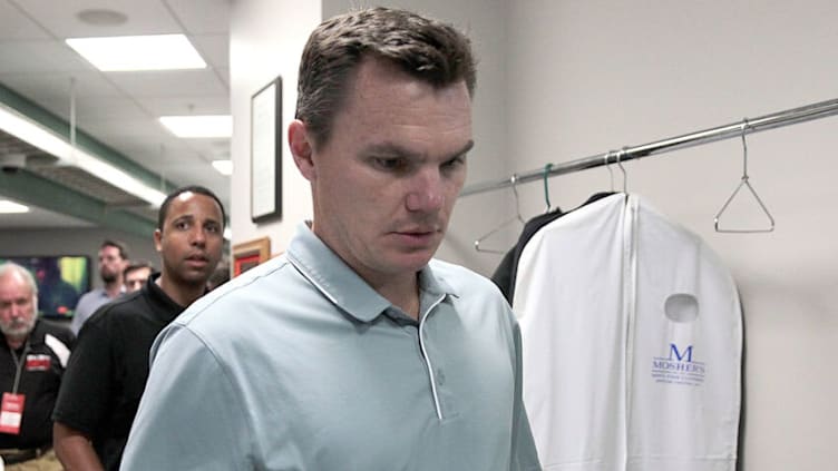 BOSTON, MA - AUGUST 14: Ben Cherington, general manager of the Boston Red Sox, leaves the pressroom after addressing the media before a game with the Seattle Mariners at Fenway Park on August 14, 2015 in Boston, Massachusetts. John Farrell #53 of the Boston Red Sox will step down to start treatments Stage 1 lymphoma.(Photo by Jim Rogash/Getty Images)