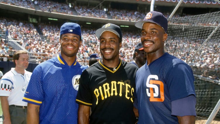 SAN DIEGO, CA - JULY 14: Ken Griffey Jr #24 of the Seattle Mariners, Barry Bonds #24 of the Pittsburgh Pirates and Fred McGriff #19 of the San Diego Padres poses together for this portrait during batting practice prior to the 1992 Major League Baseball All-Star game July 14, 1992 at Jack Murphy Stadium in San Diego, California. The American League beat the National League 13-6. (Photo by Focus on Sport/Getty Images)