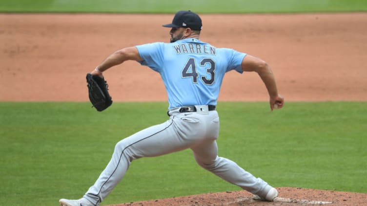 SEATTLE, WASHINGTON - JULY 16: Art Warren #43 of the Seattle Mariners pitches in the fifth inning during a summer workouts intrasquad game at T-Mobile Park on July 16, 2020 in Seattle, Washington. (Photo by Abbie Parr/Getty Images)