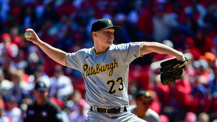 Apr 9, 2022; St. Louis, Missouri, USA; Pittsburgh Pirates starting pitcher Mitch Keller (23) pitches against the St. Louis Cardinals during the first inning at Busch Stadium. Mandatory Credit: Jeff Curry-USA TODAY Sports