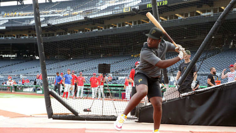 Jul 29, 2022; Pittsburgh, Pennsylvania, USA; Pittsburgh Pirates first round pick Termarr Johnson and fourth overall player drafted in the 2022 MLB Draft takes batting practice before the Pirates host the Philadelphia Phillies at PNC Park. Mandatory Credit: Charles LeClaire-USA TODAY Sports