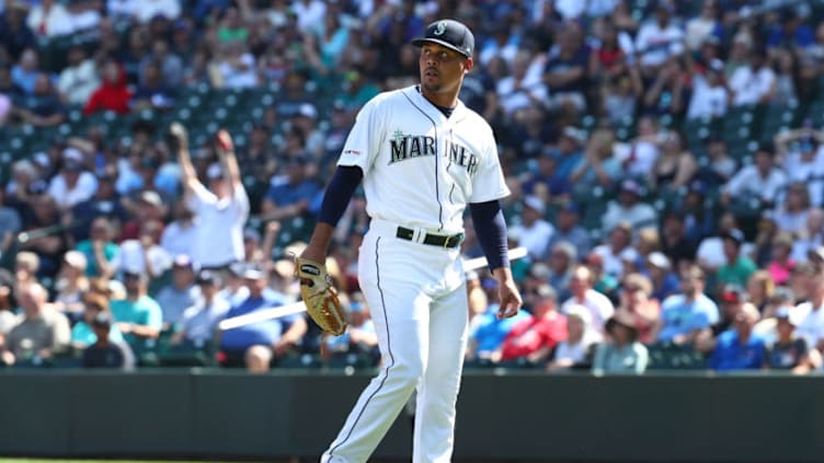 SEATTLE, WASHINGTON - AUGUST 28: Justus Sheffield #33 of the Seattle Mariners reacts after giving up a two run home run against Gary Sanchez #24 of the New York Yankees in the first inning during their game at T-Mobile Park on August 28, 2019 in Seattle, Washington. (Photo by Abbie Parr/Getty Images)