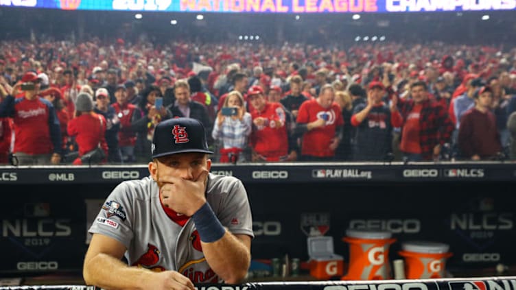 WASHINGTON, DC - OCTOBER 15: Harrison Bader #48 of the St. Louis Cardinals reacts losing in game four of the National League Championship Series to the Washington Nationals at Nationals Park on October 15, 2019 in Washington, DC. (Photo by Patrick Smith/Getty Images)