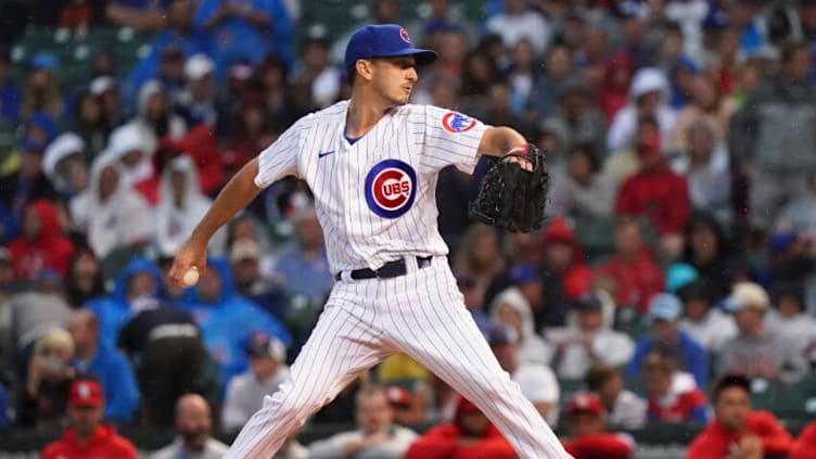 CHICAGO, ILLINOIS - JULY 10: Zach Davies #27 of the Chicago Cubs throws a pitch during the first inning of a game against the St. Louis Cardinals at Wrigley Field on July 10, 2021 in Chicago, Illinois. (Photo by Nuccio DiNuzzo/Getty Images)