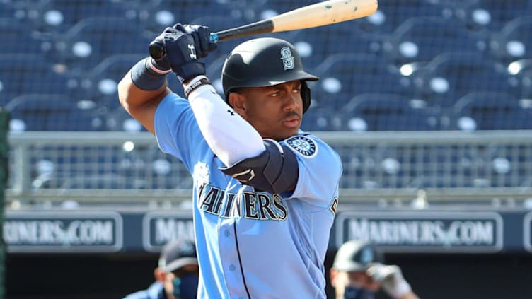 PEORIA, ARIZONA - MARCH 15: Julio Rodríguez #85 of the Seattle Mariners at bat in the seventh inning against the Arizona Diamondbacks during the MLB spring training baseball game at Peoria Sports Complex on March 15, 2021 in Peoria, Arizona. (Photo by Abbie Parr/Getty Images)