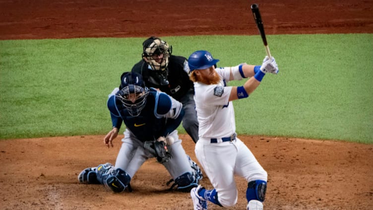 Oct 27, 2020; Arlington, Texas, USA; Los Angeles Dodgers third baseman Justin Turner strikes out. The Mariner should not pursue him. Mandatory credit: Jerome Miron-USA TODAY Sports