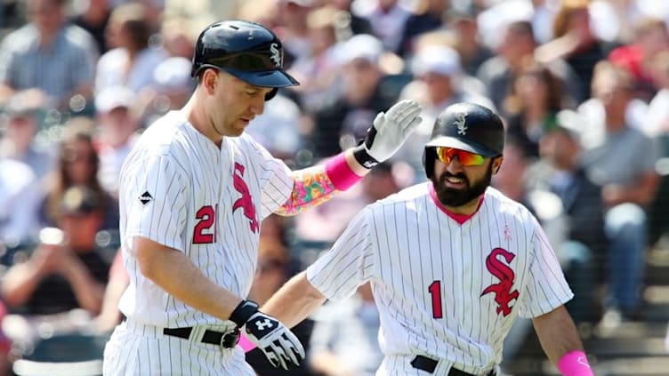 May 8, 2016; Chicago, IL, USA; Chicago White Sox right fielder Adam Eaton (1) celebrates after scoring on a RBI ground out by Chicago White Sox third baseman Todd Frazier (left) against the Minnesota Twins in the fourth inning at U.S. Cellular Field. Mandatory Credit: Jerry Lai-USA TODAY Sports