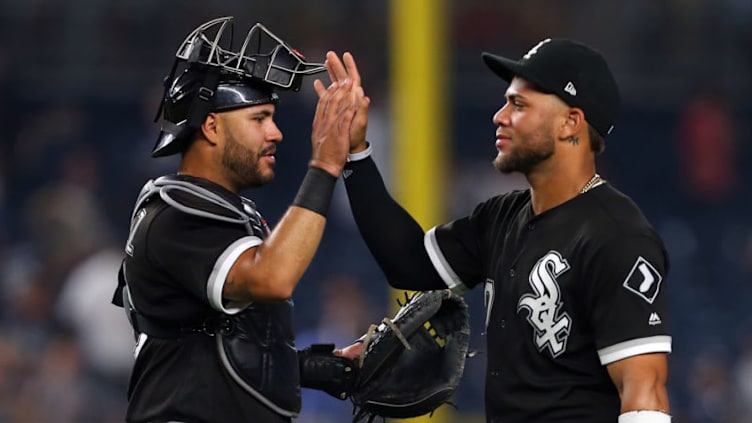 NEW YORK, NY - AUGUST 27: Catcher Omar Narvaez #38 of the Chicago White Sox congratulates Yoan Moncada #10 after a win over the New York Yankees 6-2 in a game at Yankee Stadium on August 27, 2018 in the Bronx borough of New York City. (Photo by Rich Schultz/Getty Images)