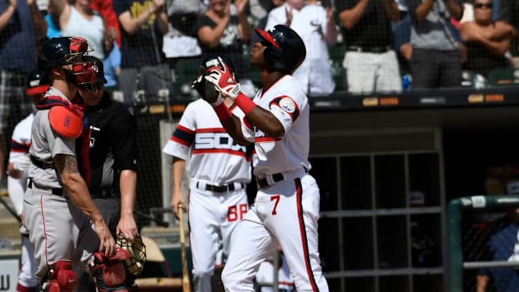 CHICAGO, IL - SEPTEMBER 02: Tim Anderson #7 of the Chicago White Sox gestures as he crosses home plate after hitting a home run against the Boston Red Sox during the first inning on September 2, 2018 at Guaranteed Rate Field in Chicago, Illinois. (Photo by David Banks/Getty Images)