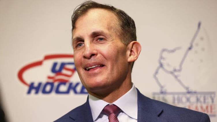 DENVER, CO - DECEMBER 09: Head coach Tony Granato of the Wisconsin Badgers speaks with media before being inducted into the the U.S. Hockey Hall of Fame Class of 2020 at Denver Marriott Tech Center on December 9, 2021 in Denver, Colorado. (Photo by C. Morgan Engel/Getty Images)