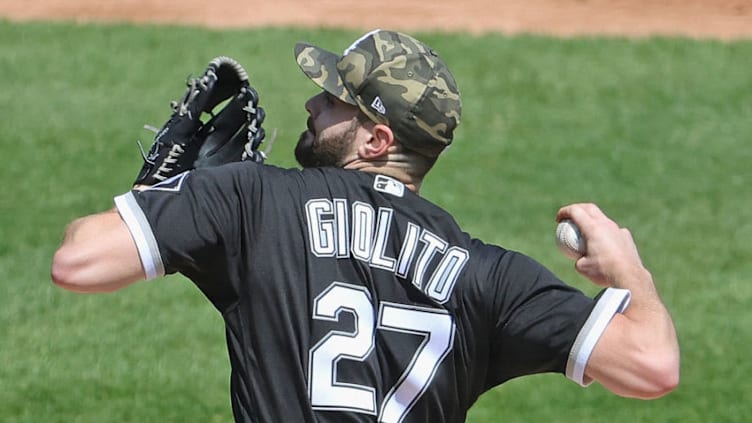 CHICAGO, ILLINOIS - MAY 14: Starting pitcher Lucas Giolito #27 of the Chicago White Sox delivers the ball against the Kansas City Royals at Guaranteed Rate Field on May 14, 2021 in Chicago, Illinois. (Photo by Jonathan Daniel/Getty Images)