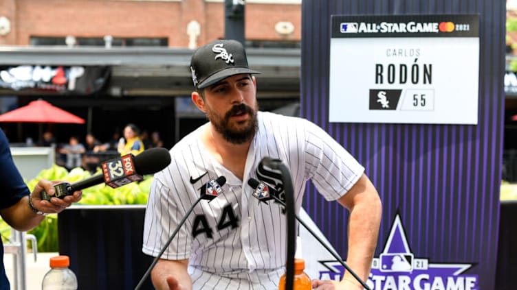 DENVER, CO - JULY 12: Carlos Rodon #55 of the Chicago White Sox talks to reporters during the Gatorade All-Star Workout Day outside of Coors Field on July 12, 2021 in Denver, Colorado. (Photo by Dustin Bradford/Getty Images)