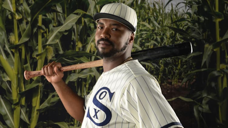 CHICAGO - AUGUST 03: Eloy Jimenez #74 of the Chicago White Sox poses for a portrait wearing a special throwback vintage uniform in preparation for Major League Baseball"u2019s Field of Dream game on August 3, 2021 at Guaranteed Rate Field in Chicago, Illinois. The Chicago White Sox will play the New York Yankees in Dyersville, Iowa on August 12, 2021 in the first Major League game to ever be played in the state of Iowa in a stadium built next to the site where the Field of Dreams movie was filmed. (Photo by Ron Vesely/Getty Images)