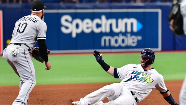 ST PETERSBURG, FLORIDA - AUGUST 21: Mike Zunino #10 of the Tampa Bay Rays slides into third after hitting a triple in the fourth inning against the Chicago White Sox at Tropicana Field on August 21, 2021 in St Petersburg, Florida. (Photo by Julio Aguilar/Getty Images)