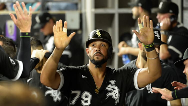 CHICAGO - AUGUST 31: Jose Abreu #79 of the Chicago White Sox celebrates with teammates during the game against the Pittsburgh Pirates on August 31, 2021 at Guaranteed Rate Field in Chicago, Illinois. (Photo by Ron Vesely/Getty Images)