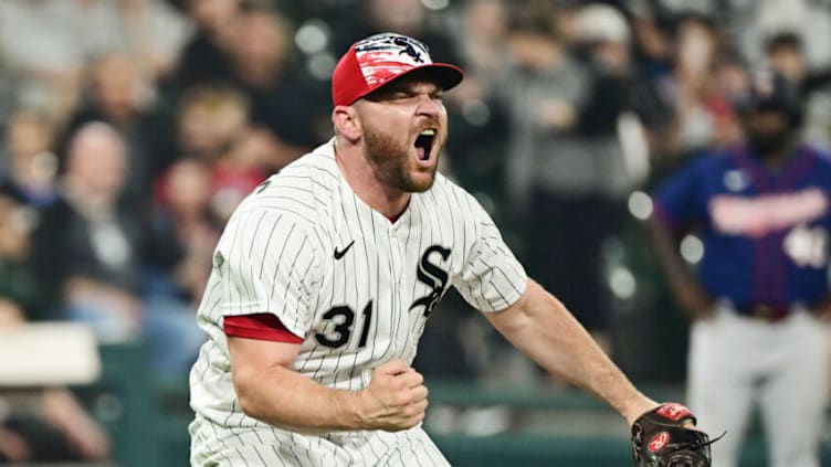 CHICAGO, ILLINOIS - JULY 04: Liam Hendriks #31 of the Chicago White Sox reacts after striking out a batter in the eighth inning against the Minnesota Twins at Guaranteed Rate Field on July 04, 2022 in Chicago, Illinois. (Photo by Quinn Harris/Getty Images)