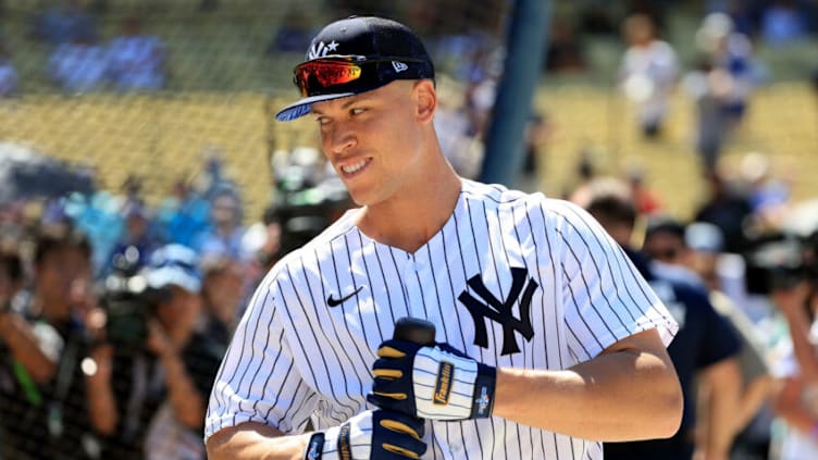 LOS ANGELES, CALIFORNIA - JULY 18: American League All-Star Aaron Judge #99 of the New York Yankees takes batting practice during the 2022 Gatorade All-Star Workout Day at Dodger Stadium on July 18, 2022 in Los Angeles, California. (Photo by Sean M. Haffey/Getty Images)