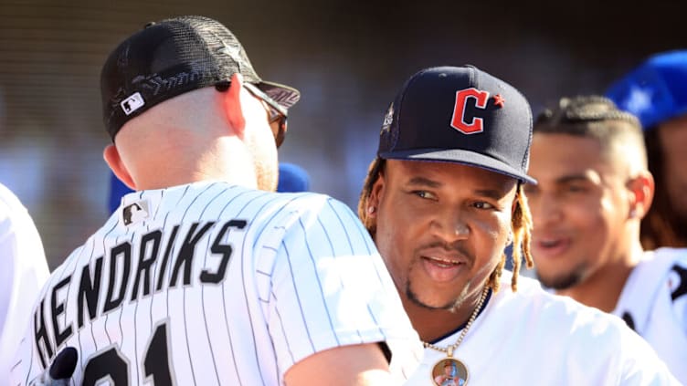 LOS ANGELES, CALIFORNIA - JULY 18: Jose Ramirez #11 of the Cleveland Guardians hugs Liam Hendriks #31 of the Chicago White Sox during the 2022 T-Mobile Home Run Derby at Dodger Stadium on July 18, 2022 in Los Angeles, California. (Photo by Sean M. Haffey/Getty Images)