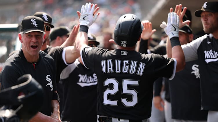 DETROIT, MICHIGAN - SEPTEMBER 18: Andrew Vaughn #25 of the Chicago White Sox celebrates a grand slam home run during the fifth inning of the game at Comerica Park on September 18, 2022 in Detroit, Michigan. (Photo by Leon Halip/Getty Images)