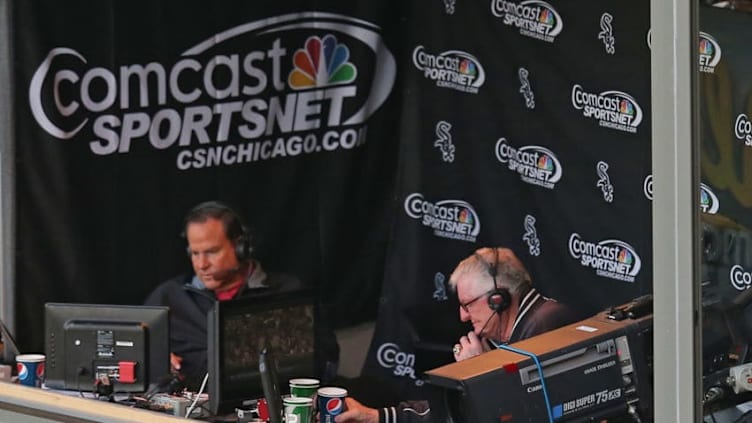 CHICAGO, IL - JUNE 07: Broadcasters Steve Stone (L) and Ken "Hawk" Harrelson call a game between the Chicago White Sox and the Oakland Athletics at U.S. Cellular Field on June 7, 2013 in Chicago, Illinois. The Athletics defeated the White Sox 4-3. (Photo by Jonathan Daniel/Getty Images)