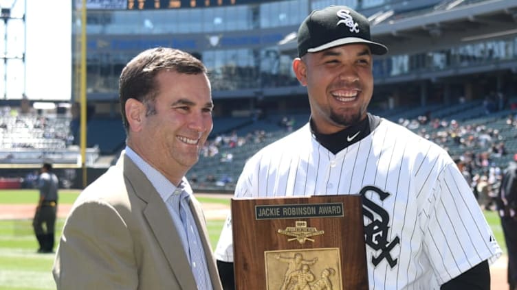 CHICAGO, IL - APRIL 26: Chicago White Sox general manager Rick Hahn presents Jose Abreu