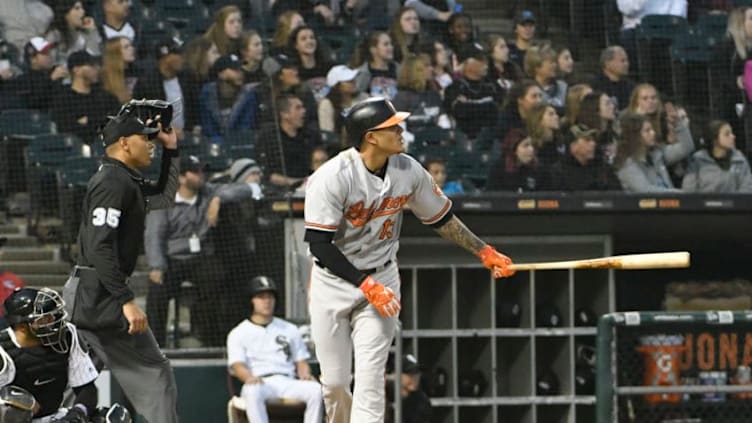 CHICAGO, IL - MAY 21: Manny Machado #13 of the Baltimore Orioles hits a home run against the Chicago White Sox during the fourth inning on May 21, 2018 at Guaranteed Rate Field in Chicago, Illinois. (Photo by David Banks/Getty Images)