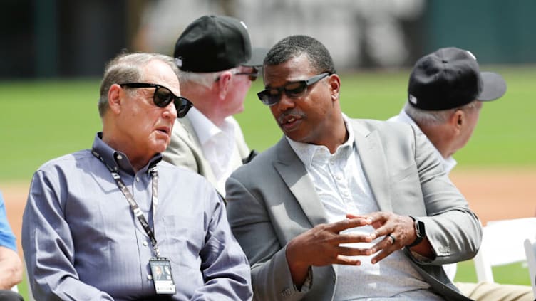 CHICAGO, ILLINOIS - AUGUST 11: Chicago White Sox White Sox Chairman Jerry Reinsdorf speaks with Executive Vice President Kenny Williams during a ceremony honoring Harold Baines prior to a game between the Chicago White Sox and the Oakland Athletics at Guaranteed Rate Field on August 11, 2019 in Chicago, Illinois. (Photo by Nuccio DiNuzzo/Getty Images) at Guaranteed Rate Field on August 11, 2019 in Chicago, Illinois. (Photo by Nuccio DiNuzzo/Getty Images)