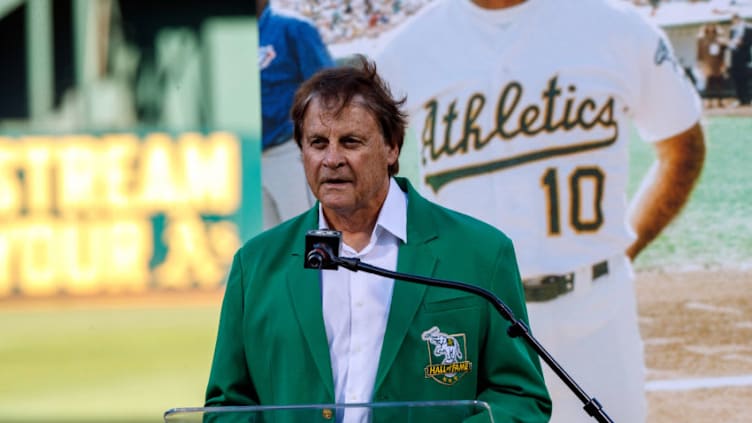 OAKLAND, CA - SEPTEMBER 21: Former manager Tony La Russa of the Oakland Athletics stands on the field during the team"u2019s Hall of Fame ceremony before the game against the Texas Rangers at the RingCentral Coliseum on September 21, 2019 in Oakland, California. The Oakland Athletics defeated the Texas Rangers 12-3. (Photo by Jason O. Watson/Getty Images)