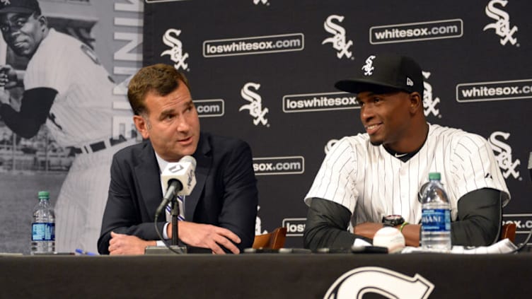 CHICAGO - MAY 27: Cuban outfielder Luis Robert and Chicago White Sox Senior Vice-President and General Manager Rick Hahn participate in a press conference to announce the signing of Robert prior to the game against the Detroit Tigers on May 27, 2017 at Guaranteed Rate Field in Chicago, Illinois. Robert, 19, has played the last four seasons (2013-16) for Ciego de Ávila in the Cuban Serie Nacional (Cuban National Series), Cuba"u2019s top-level league. The 6-foot-2, 210-pound Robert made his debut with the team in 2013 at age 16. Robert played for Cuba"u2019s U-18 National Team from 2014-2015, making appearances at the World Cup (2015) and Pan American Games (2014). He was teammates with White Sox and baseball"u2019s No. 1 overall prospect Yoán Moncada in 2014. Robert also played for Cuba"u2019s U-15 National Team in 2012.Robert played for Cuba"u2019s U-18 National Team from 2014-2015, making appearances at the World Cup (2015) and Pan American Games (2014). He was teammates with White Sox and baseball"u2019s No. 1 overall prospect Yoán Moncada in 2014. Robert also played for Cuba"u2019s U-15 National Team in 2012. (Photo by Ron Vesely/MLB Photos via Getty Images)