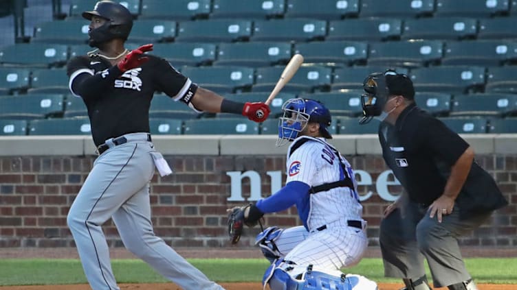 CHICAGO, ILLINOIS - JULY 19: Eloy Jimenez #74 of the Chicago White Sox bats against the Chicago Cubs during an exhibition game at Wrigley Field on July 19, 2020 in Chicago, Illinois. (Photo by Jonathan Daniel/Getty Images)