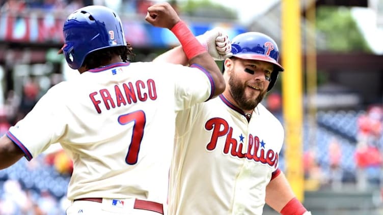 Jul 3, 2016; Philadelphia, PA, USA; Philadelphia Phillies catcher Cameron Rupp (29) celebrates with third baseman Maikel Franco (7) after hitting a three-run home run during the first inning against the Kansas City Royals at Citizens Bank Park. Mandatory Credit: Eric Hartline-USA TODAY Sports