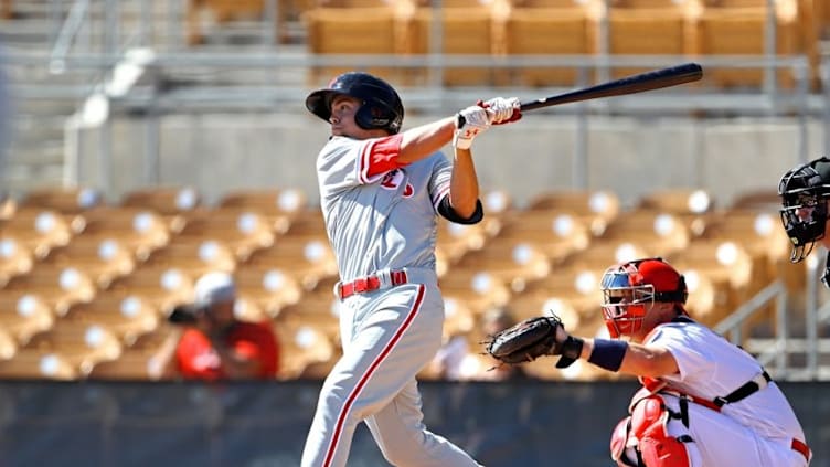 Oct 11, 2016; Glendale, AZ, USA; Philadelphia Phillies infielder Scott Kingery of the Scottsdale Scorpions against the Glendale Desert Dogs during an Arizona Fall League game at Camelback Ranch. Mandatory Credit: Mark J. Rebilas-USA TODAY Sports