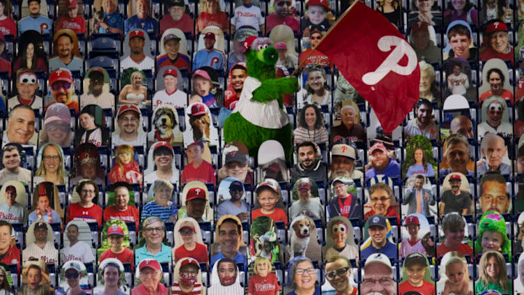 The Phillie Phanatic celebrates a win (Photo by Mitchell Leff/Getty Images)