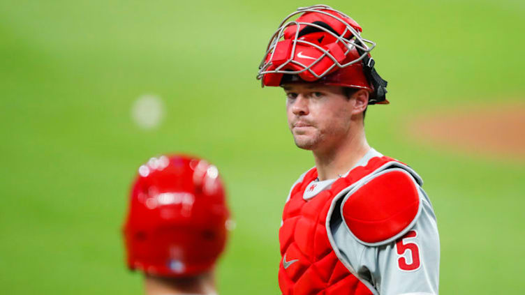 Andrew Knapp #5 of the Philadelphia Phillies (Photo by Todd Kirkland/Getty Images)