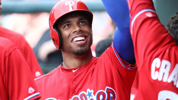 SARASOTA, FL - MARCH 13: Nick Williams #65 of the Philadelphia Phillies celebrates after hitting a solo home run during the eight inning of the Spring Training Game against the Baltimore Orioles on March 13, 2017 at Ed Smith Stadium in Sarasota, Florida. Baltimore defeated Philadelphia 6-4. (Photo by Leon Halip/Getty Images)