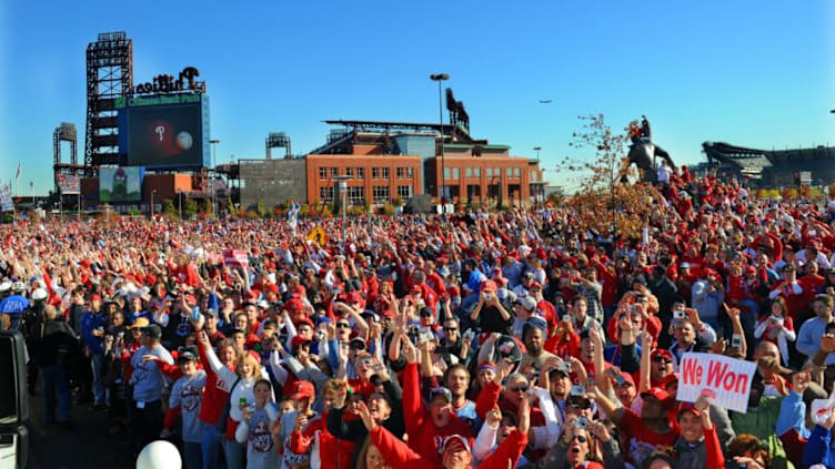 Fans gather outside of Citizens Bank Park in Philadelphia to celebrate the 2008 Philadelphia Phillies World Series Championship (Photo by Miles Kennedy/MLB Photos via Getty Images)