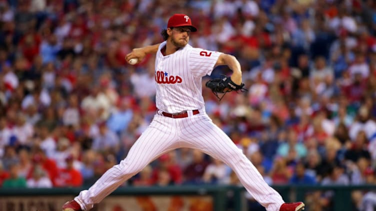 PHILADELPHIA, PA - AUGUST 12: Starting pitcher Aaron Nola #27 of the Philadelphia Phillies throws a pitch in the first inning during a game against the against the New York Mets at Citizens Bank Park on August 12, 2017 in Philadelphia, Pennsylvania. (Photo by Hunter Martin/Getty Images)