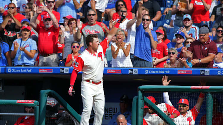 PHILADELPHIA, PA - AUGUST 27: Rhys Hoskins #17 of the Philadelphia Phillies acknowledges a standing ovation by the fans after hitting a solo home run in the eighth inning during a game against the Chicago Cubs at Citizens Bank Park on August 27, 2017 in Philadelphia, Pennsylvania. The Phillies won 6-3. (Photo by Hunter Martin/Getty Images)