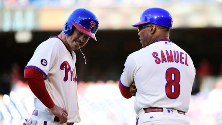 PHILADELPHIA, PA - JUNE 03: Andrew Knapp #34 of the Philadelphia Phillies spits while talking with Juan Samuel #8 of the Philadelphia Phillies on third base against the San Francisco Giants at Citizens Bank Park on June 3, 2017 in Philadelphia, Pennsylvania. The Phillies won 5-3. (Photo by Corey Perrine/Getty Images)