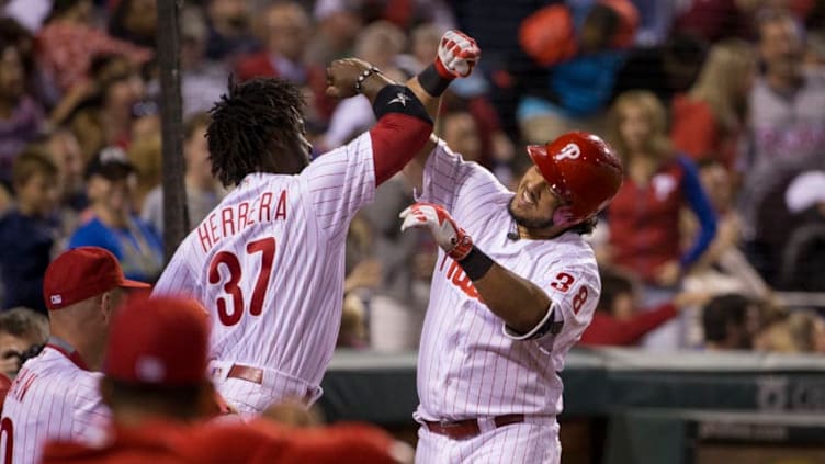 PHILADELPHIA, PA - SEPTEMBER 29: Jorge Alfaro #38 of the Philadelphia Phillies celebrates with Odubel Herrera #37 after hitting a solo home run in the bottom of the sixth inning against the New York Mets at Citizens Bank Park on September 29, 2017 in Philadelphia, Pennsylvania. The Phillies defeated the Mets 6-2. (Photo by Mitchell Leff/Getty Images)