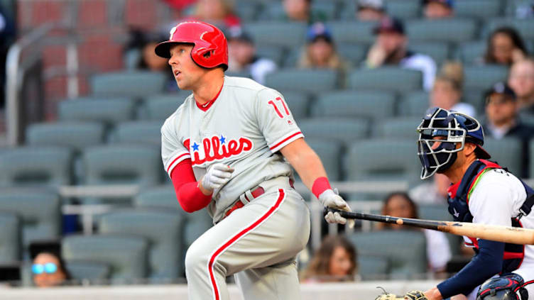 ATLANTA, GA - MARCH 32: Rhys Hoskins #17 of the Philadelphia Phillies hits a first inning single to knock in a run against the Atlanta Braves at SunTrust Park on March 31, 2018 in Atlanta, Georgia. (Photo by Scott Cunningham/Getty Images)