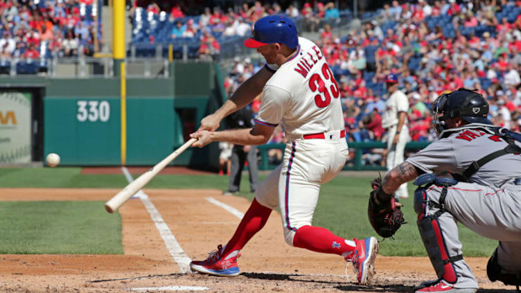 PHILADELPHIA, PA - SEPTEMBER 15: Brad Miller #33 of the Philadelphia Phillies during a game against the Boston Red Sox at Citizens Bank Park on September 15, 2019 in Philadelphia, Pennsylvania. The Red Sox won 6-3. (Photo by Hunter Martin/Getty Images)